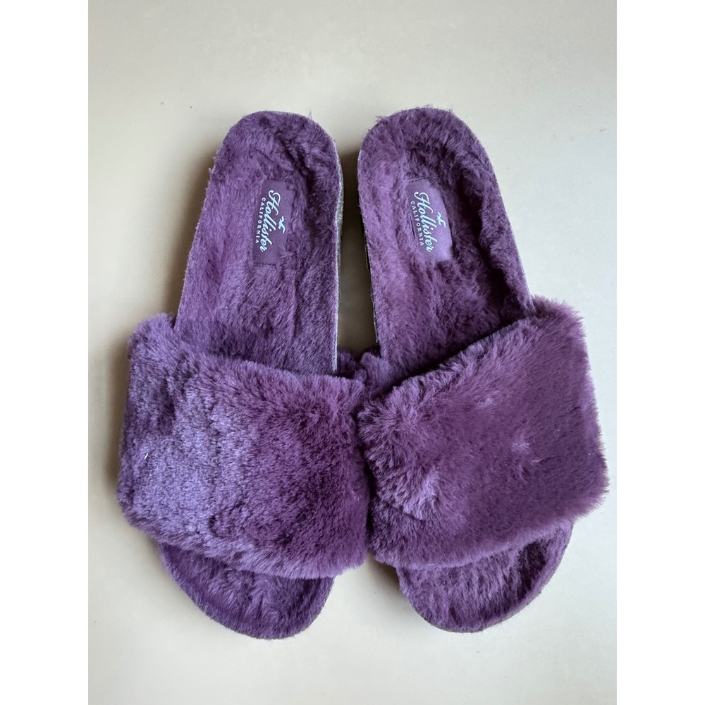 Hollister Womens Faux Fur Slide Sandals Purple Cork Platform Slippers Size 9/10